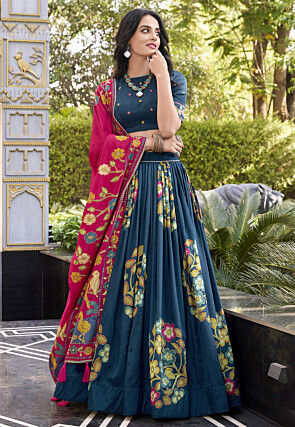 Digital Printed Tussar Silk Lehenga in Navy Blue