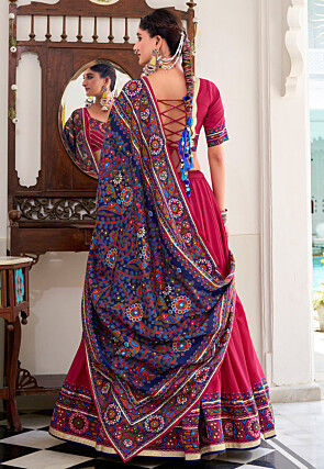 Digital Printed Tussar Silk Lehenga in Pink