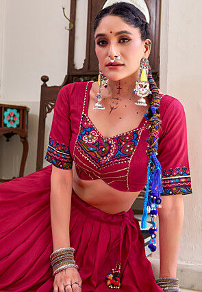 Digital Printed Tussar Silk Lehenga in Pink