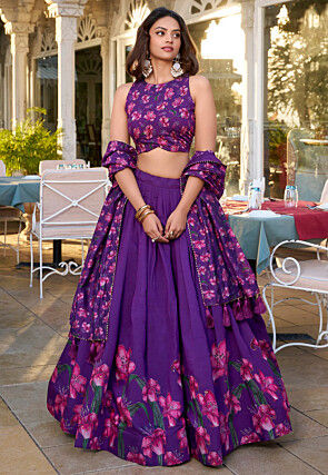 Ishita Purple Tasar Silk Floral Print Co-ord Set Lehenga with Koti