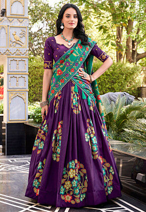 Digital Printed Tussar Silk Lehenga in Purple