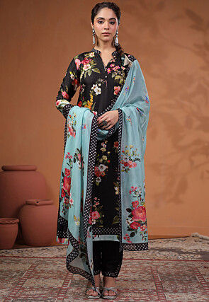 Digital Printed Tussar Silk Pakistani Suit in Black