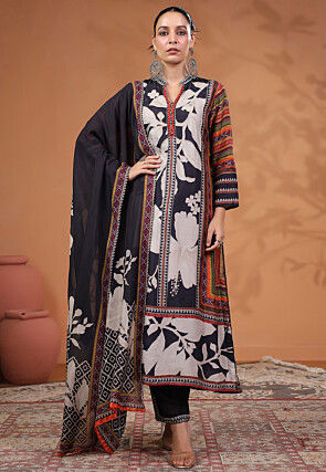 Digital Printed Tussar Silk Pakistani Suit in Black