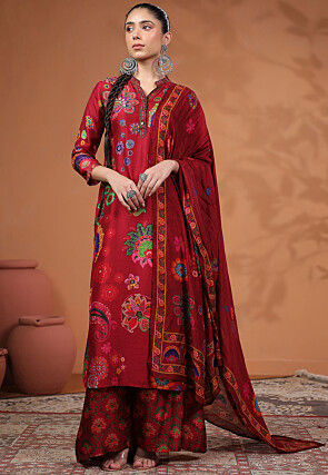 Digital Printed Tussar Silk Pakistani Suit in Maroon