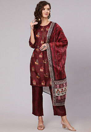 Digital Printed Tussar Silk Pakistani Suit in Maroon