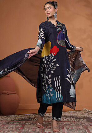 Digital Printed Tussar Silk Pakistani Suit in Navy Blue