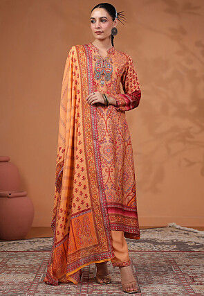 Digital Printed Tussar Silk Pakistani Suit in Orange