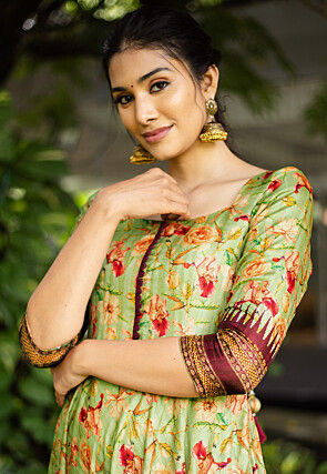 Digital Printed Tussar Silk Pleated Abaya Style Suit in Green