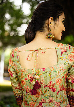 Digital Printed Tussar Silk Pleated Abaya Style Suit in Green