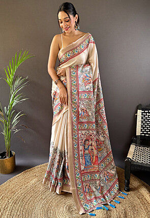 Digital Printed Tussar Silk Saree in Beige