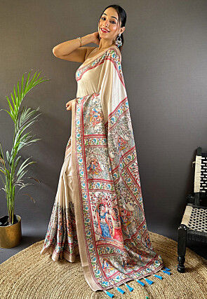 Digital Printed Tussar Silk Saree in Beige
