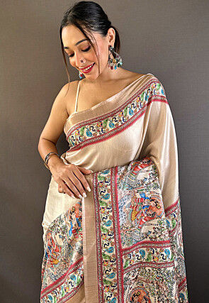Digital Printed Tussar Silk Saree in Beige