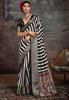 Digital Printed Tussar Silk Saree in Black and White