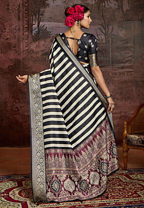 Digital Printed Tussar Silk Saree in Black and White