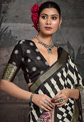 Digital Printed Tussar Silk Saree in Black and White