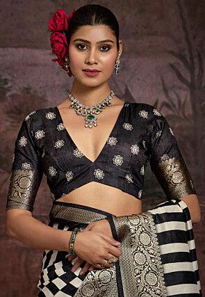 Digital Printed Tussar Silk Saree in Black and White