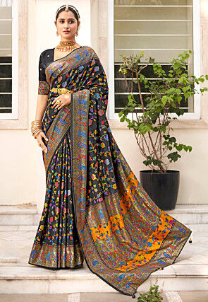 Digital Printed Tussar Silk Saree in Black