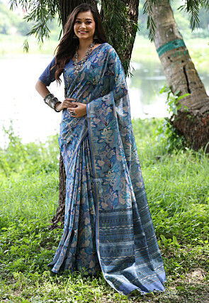 Digital Printed Tussar Silk Saree in Blue