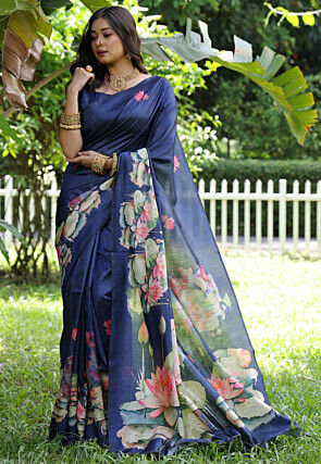 Digital Printed Tussar Silk Saree in Blue
