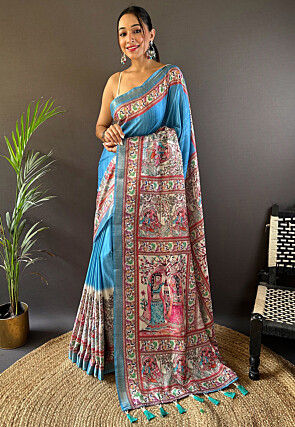 Digital Printed Tussar Silk Saree in Blue