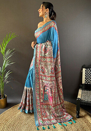 Digital Printed Tussar Silk Saree in Blue