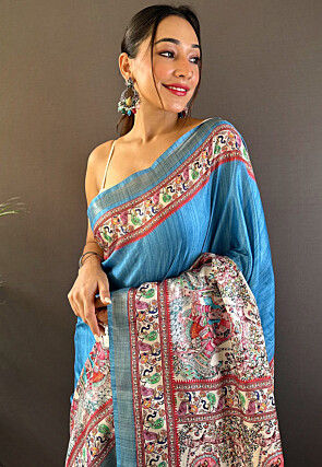 Digital Printed Tussar Silk Saree in Blue