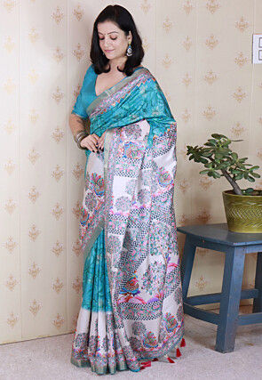 Digital Printed Tussar Silk Saree in Blue