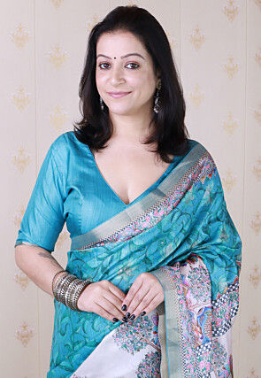 Digital Printed Tussar Silk Saree in Blue