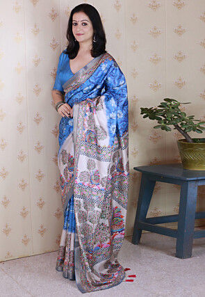 Digital Printed Tussar Silk Saree in Blue