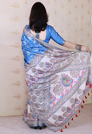 Digital Printed Tussar Silk Saree in Blue