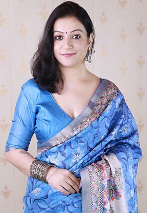 Digital Printed Tussar Silk Saree in Blue