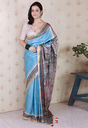 Madhubani Printed Tussar Silk Saree in Blue