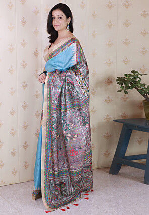 Madhubani Printed Tussar Silk Saree in Blue