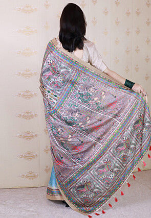 Madhubani Printed Tussar Silk Saree in Blue