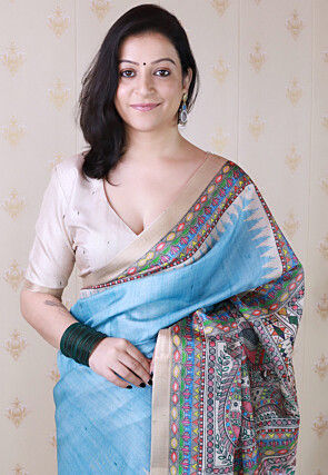 Madhubani Printed Tussar Silk Saree in Blue
