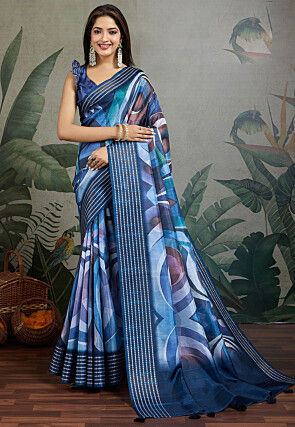 Digital Printed Tussar Silk Saree in Blue