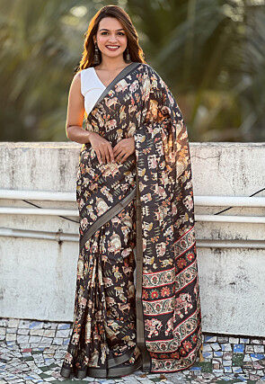 Digital Printed Tussar Silk Saree in Dark Brown
