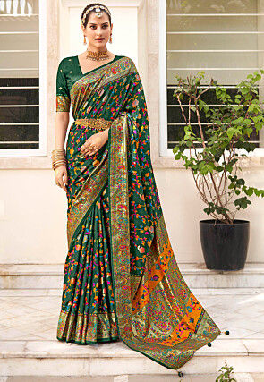 Digital Printed Tussar Silk Saree in Dark Green