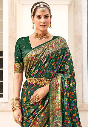 Digital Printed Tussar Silk Saree in Dark Green