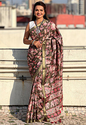 Digital Printed Tussar Silk Saree in Dark Olive Green
