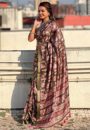 Digital Printed Tussar Silk Saree in Dark Olive Green