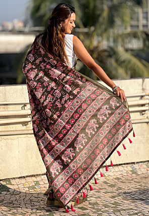 Digital Printed Tussar Silk Saree in Dark Olive Green
