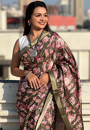 Digital Printed Tussar Silk Saree in Dark Olive Green