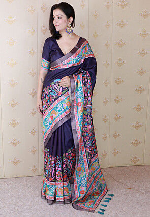 Digital Printed Tussar Silk Saree in Dark Purple