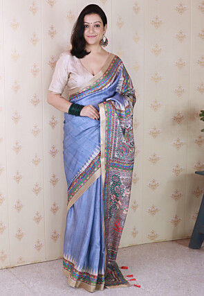 Madhubani Printed Tussar Silk Saree in Dusty Blue