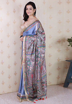 Madhubani Printed Tussar Silk Saree in Dusty Blue