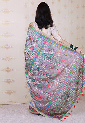 Madhubani Printed Tussar Silk Saree in Dusty Blue