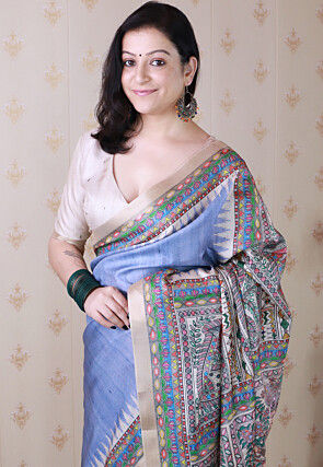 Madhubani Printed Tussar Silk Saree in Dusty Blue