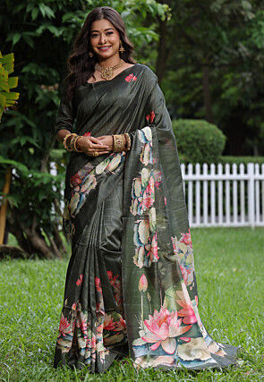 Digital Printed Tussar Silk Saree in Dusty Green