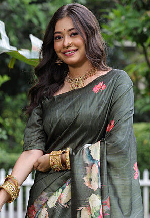 Digital Printed Tussar Silk Saree in Dusty Green